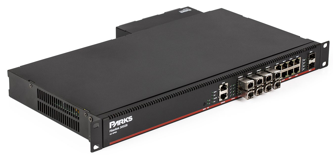 OLT GPON Fiberlink 30028 com 8 portas pon, 8 portas Gigabit Ethernet e 2 portas de 10 Gigabits Ethernet ópticas.