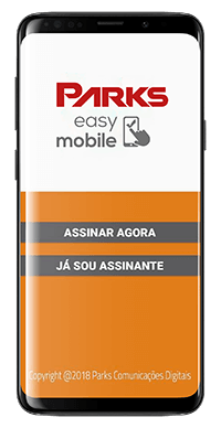 Foto de celular com app Parks Easy Mobile no screen do celular.