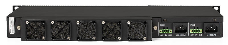 OLT GPON Fiberlink 40016 foto traseira com 5 ventiladores, 2 conectores e 2 conectores verdes.