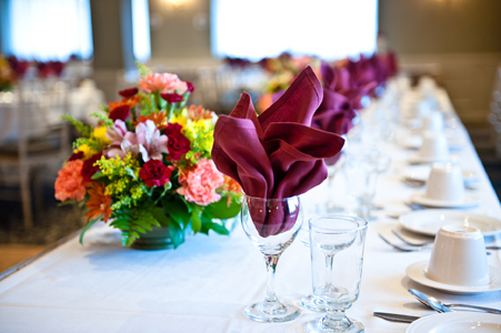 Colorful table setting in the banquet hall of the Manor Inn, Milldale, CT