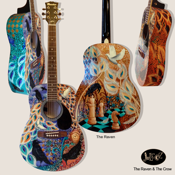 Juleez Painted Raven Guitar Fender Dreadnought Acoustic Peacock Art
