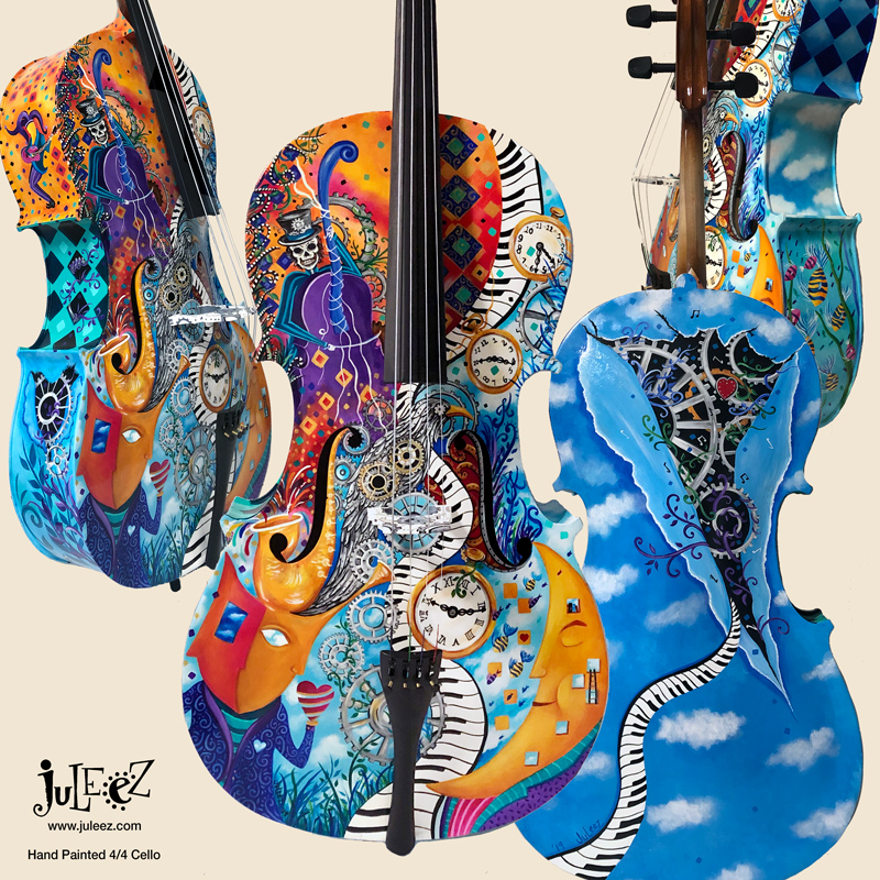 Steampunk Art, Steampunk Cello, Juleez Cello, 4/4 Cello,  Student cello, Painted cello, Blue cello