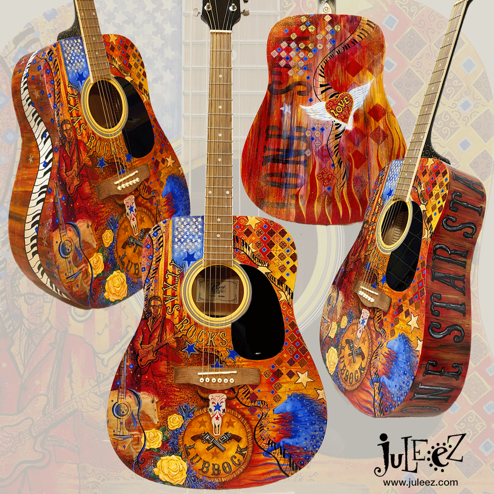 Hand Painted Guitar, Texas Guitar, Buddy Holly Guitar,