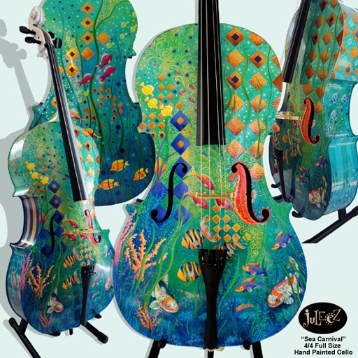 Hand painted Cello Seascape Fish Cello Colorful Juleez
