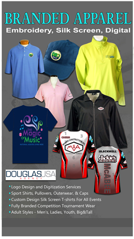 embroidered silk screened and digitized apparel branded by Douglas USA